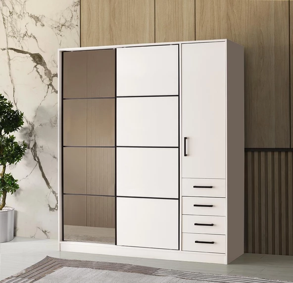 Erezoğulları Mobilya Damla BEYAZ Modern Sürgülü Aynalı Elbise Dolabı Gardrop 180x60x210cm ürün görseli 1