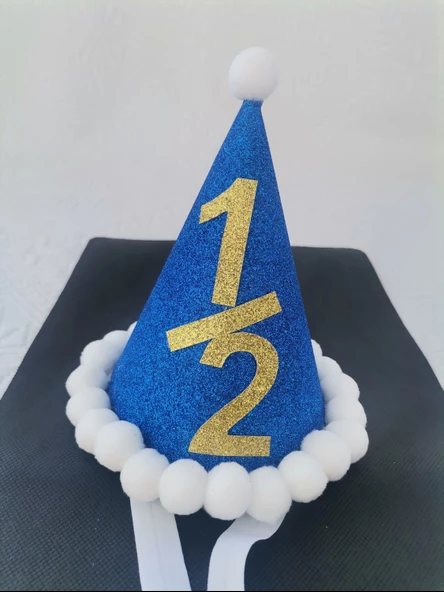 Saks Mavi Gold 1/2 Yazılı Simli Yaldızlı Beyaz Ponponlu Lastikli Yarım Yaşa Özel Şapka 1 Adet - 2
