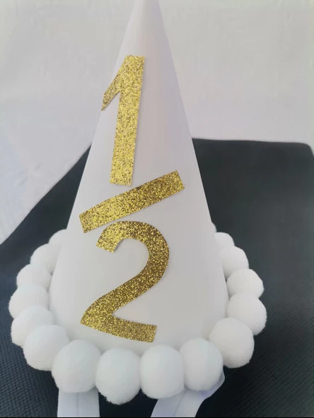 Beyaz Gold 1/2 Yazılı Simli Yaldızlı Beyaz Ponponlu Lastikli Yarım Yaşa Özel Şapka 1 Adet - 6