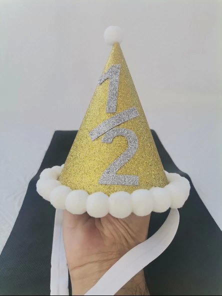 Gold Gümüş 1/2 Yazılı Simli Yaldızlı Beyaz Ponponlu Lastikli Yarım Yaşa Özel Şapka 1 Adet - 4
