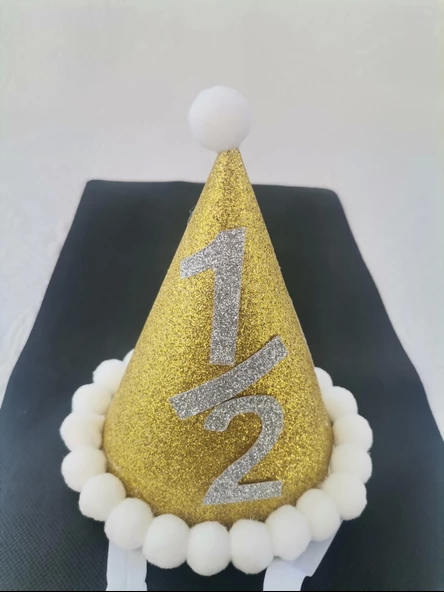 Gold Gümüş 1/2 Yazılı Simli Yaldızlı Beyaz Ponponlu Lastikli Yarım Yaşa Özel Şapka 1 Adet - 3