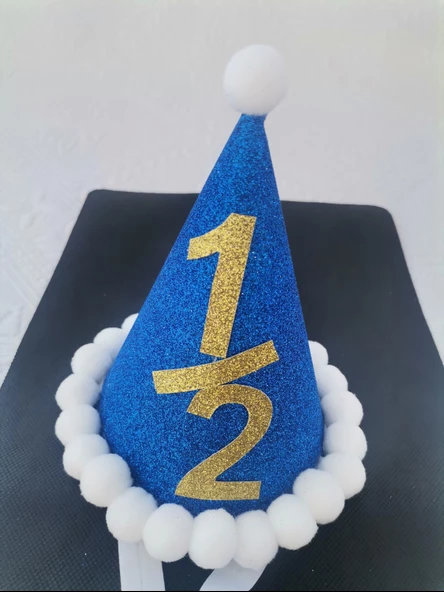 Saks Mavi Gold 1/2 Yazılı Simli Yaldızlı Beyaz Ponponlu Lastikli Yarım Yaşa Özel Şapka 1 Adet - 3