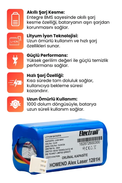 HOMEND Alex Laser 1281H Robot Süpürge Bataryası (Orjinal Kapasite) 2600mAh Robot Süpürge Pil - Resim 3
