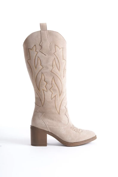 Cazal Ten Süet Topuklu Çizme Nakışlı Western Çizme - 4