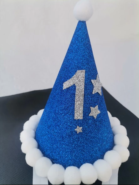 SaksMavi Gümüş 1 Yaş Yazılı Simli Yaldızlı Beyaz Ponponlu Lastikli Özel Doğumgünü Partisi Şapka 1 Adet - 4