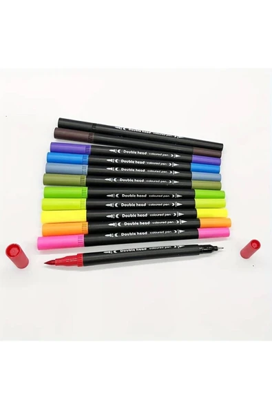 12'li Marker Set Çift Taraflı Kalem Seti 12 Renklendirme Kalemi Kaligrafi Kitap Boyama Kalemi - 5