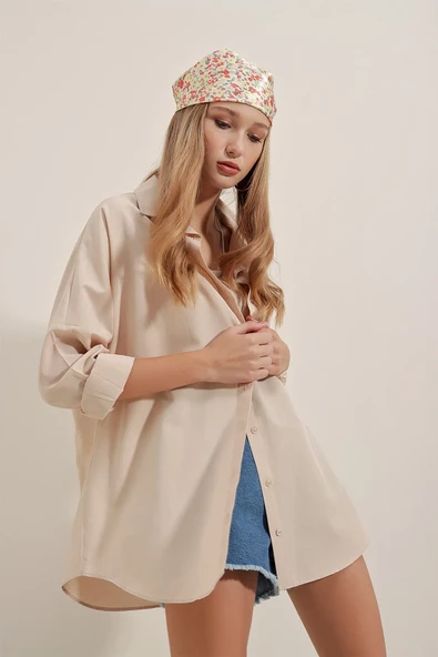 Bigdart 3900 Oversize Uzun Basic Gömlek - Krem