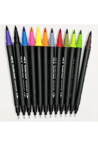 12'li Marker Set Çift Taraflı Kalem Seti 12 Renklendirme Kalemi Kaligrafi Kitap Boyama Kalemi - 3