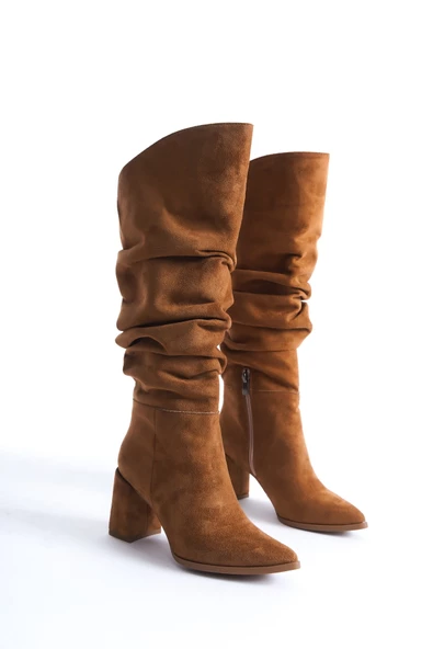 Kc Taba Süet Kalın Topuklu Kürüklü Kırışık Çizme - 2