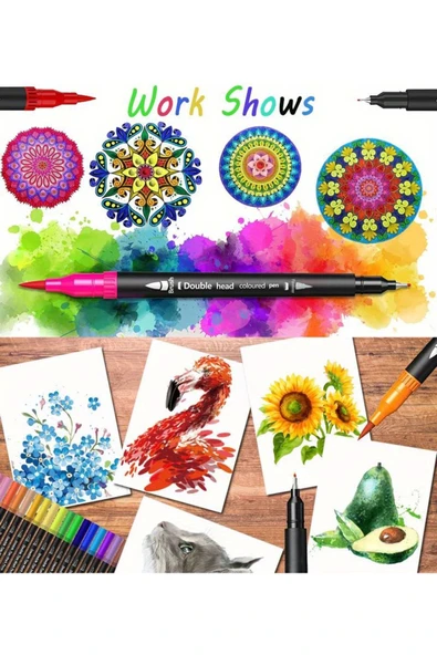 12'li Marker Set Çift Taraflı Kalem Seti 12 Renklendirme Kalemi Kaligrafi Kitap Boyama Kalemi - 6