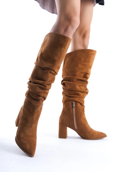 Kc Taba Süet Kalın Topuklu Kürüklü Kırışık Çizme - 3