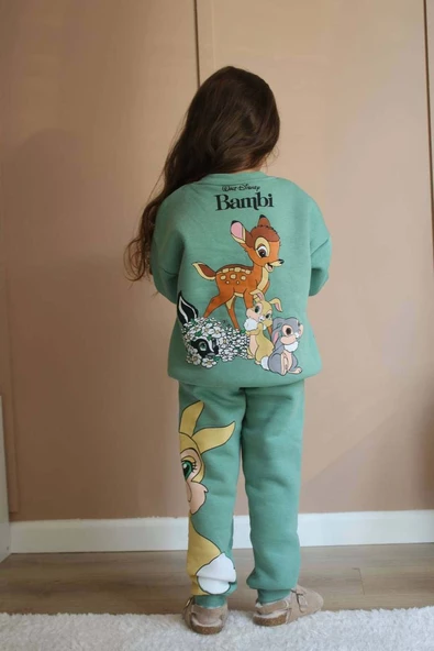 KIZ ÇOCUK BAMBİ VE DUFFY DUCK MODELLİ 3 İPLİK ŞARDONLU KALIN KIŞLIK EŞOFMAN TAKIMI - 5