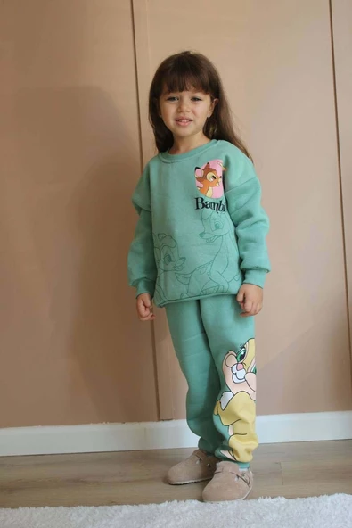 KIZ ÇOCUK BAMBİ VE DUFFY DUCK MODELLİ 3 İPLİK ŞARDONLU KALIN KIŞLIK EŞOFMAN TAKIMI - 4