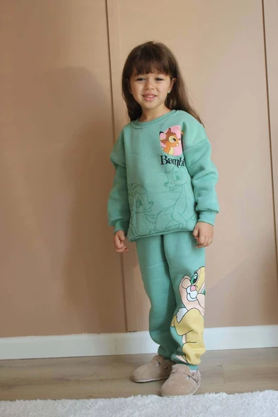 KIZ ÇOCUK BAMBİ VE DUFFY DUCK MODELLİ 3 İPLİK ŞARDONLU KALIN KIŞLIK EŞOFMAN TAKIMI - 6