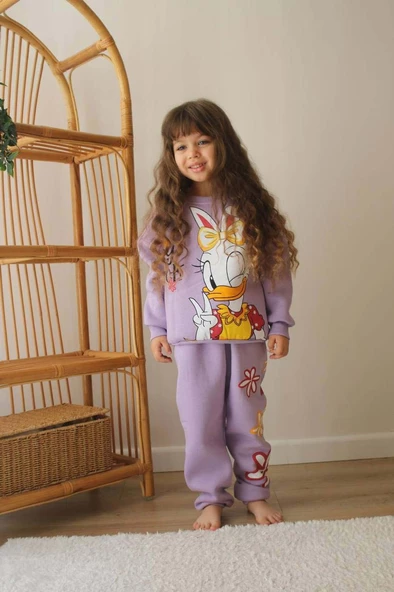 KIZ ÇOCUK BAMBİ VE DUFFY DUCK MODELLİ 3 İPLİK ŞARDONLU KALIN KIŞLIK EŞOFMAN TAKIMI - 3