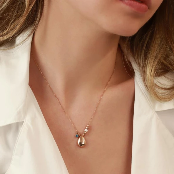 Damla Modeli Nazar Boncuklu Rose Gold Kaplama Gümüş Kolye - Resim 3