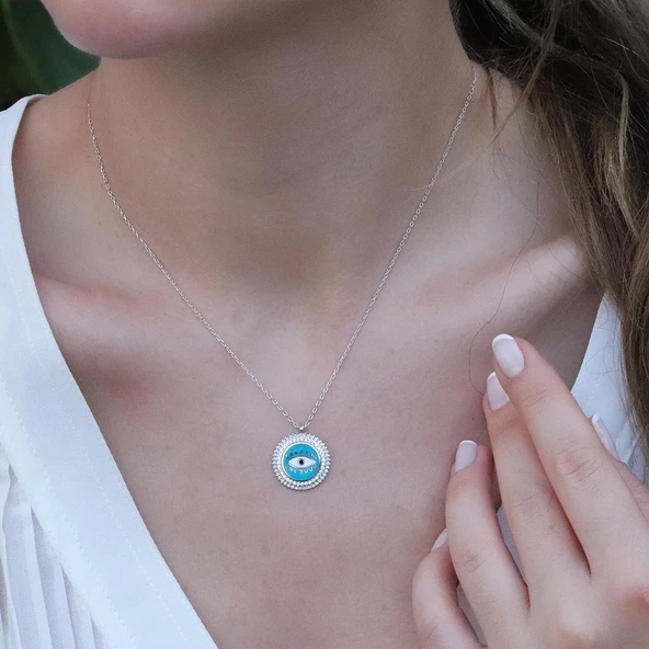 Göz Modeli Zirkon Taşlı Gümüş Kolye - Resim 3