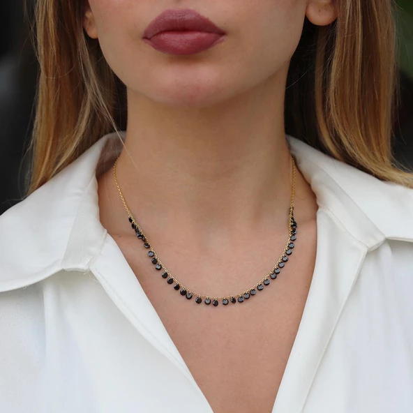 Sıra Siyah Zirkon Taş Gold Kaplama Gümüş Kolye ürün görseli 1