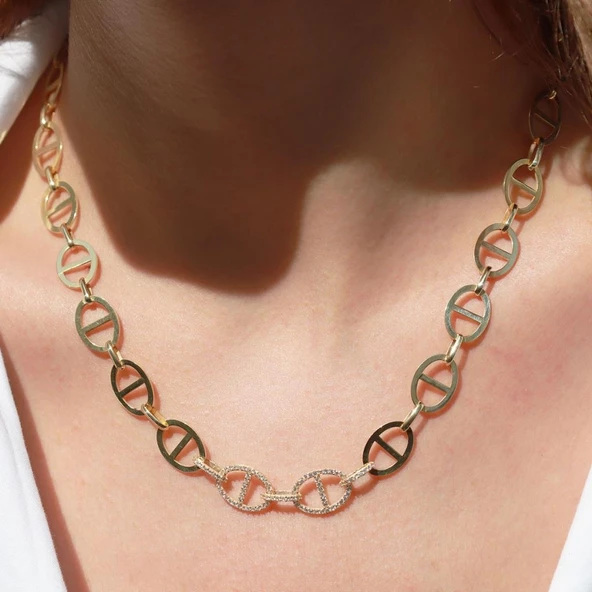 Trend Düğme Modeli Zirkon Taşlı Gold Kaplama Gümüş Kolye - Resim 3