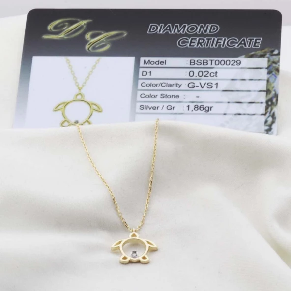 Pırlanta Taş Kaplumbağa 0.02 CT Gold Micron Kaplama Gümüş Kolye - Resim 2
