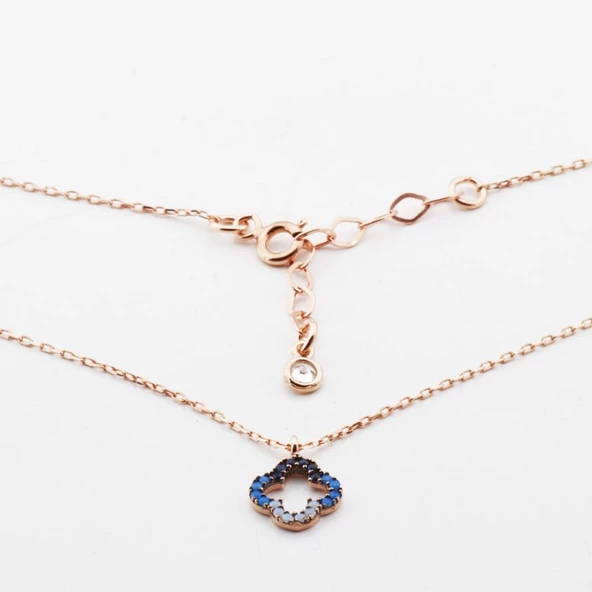 Mini Yonca Figürlü Rose Gold Kaplama Mavi Zirkon Taşlı Gümüş Kolye - Resim 5