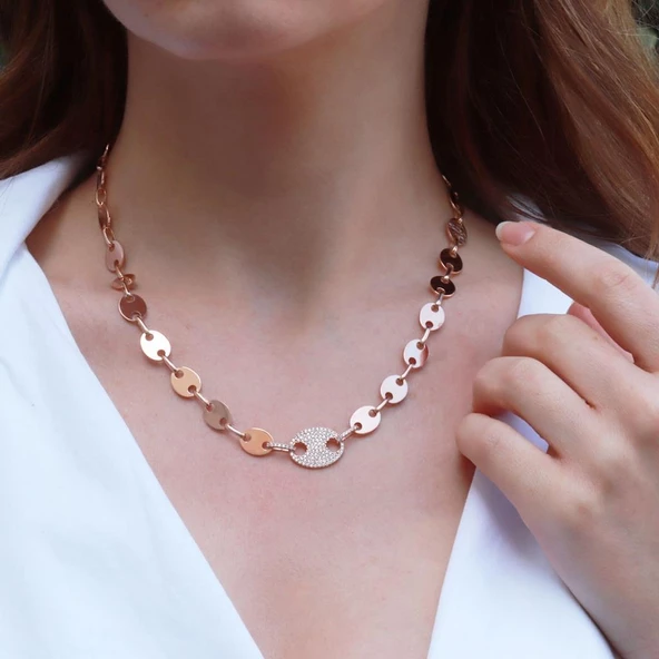Düğme Modeli Zirkon Taşlı Rose Gold Kaplama Gümüş Kolye ürün görseli 1