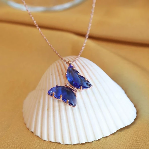 Lacivert Kelebek Model Rose Gold Kaplama Zirkon Taşlı Gümüş Kolye - Resim 2