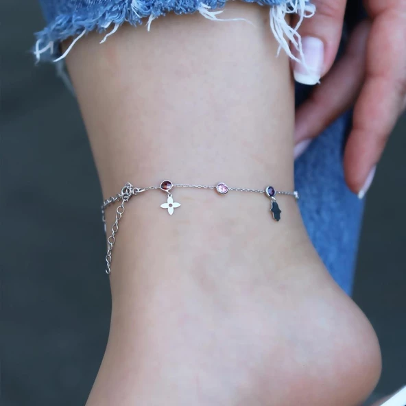 Renkli Zirkon Taşlı Figürlü Gümüş Halhal - Resim 3