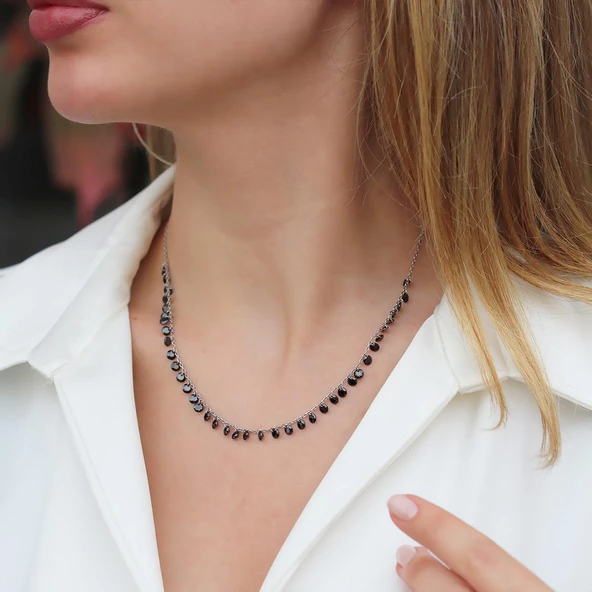 Sıra Siyah Zirkon Taş Gümüş Kolye - Resim 3