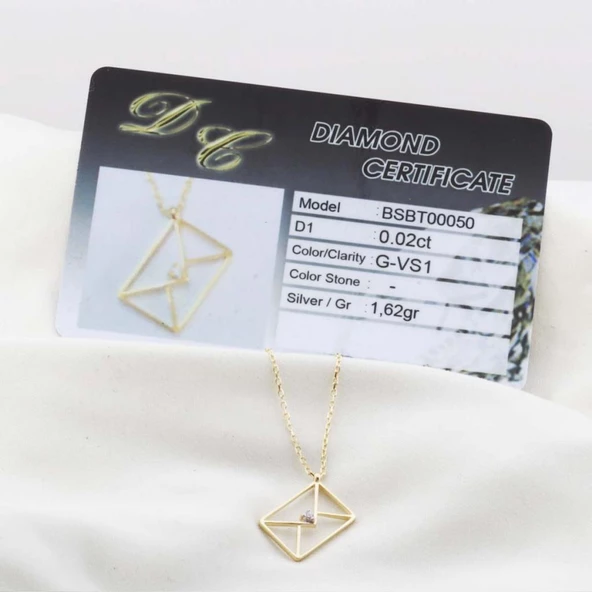 Pırlanta Taş Zarf 0.02 CT Gold Micron Kaplama Gümüş Kolye - Resim 2