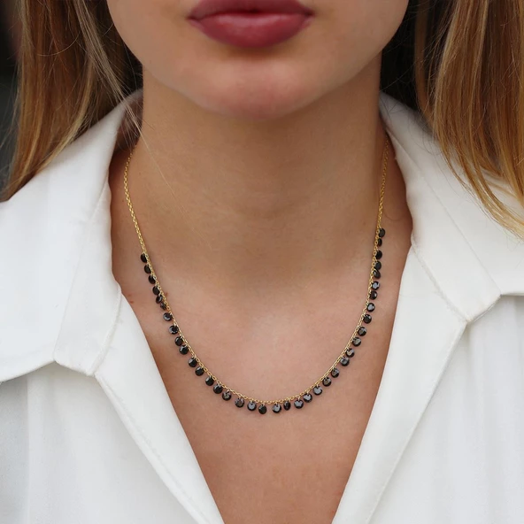 Sıra Siyah Zirkon Taş Gold Kaplama Gümüş Kolye - Resim 3