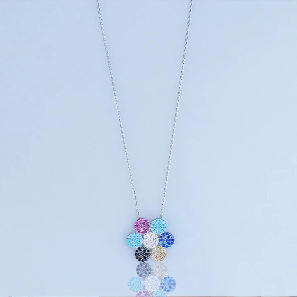 Renkli Zirkon Taşlı Çiçek Gümüş Kolye - Resim 3