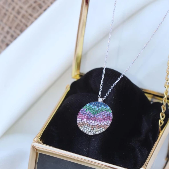 Renkli Zirkon Taşlı Yuvarlak Gümüş Kolye ürün görseli 1