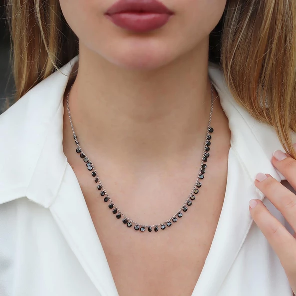 Sıra Siyah Zirkon Taş Gümüş Kolye - Resim 2