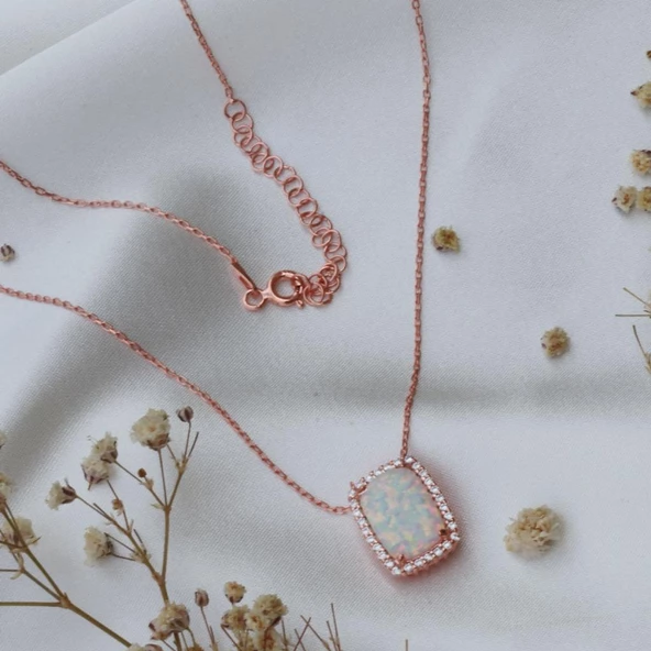 Zirkon Taş Çerçeveli Opal Gümüş Kolye - Resim 2