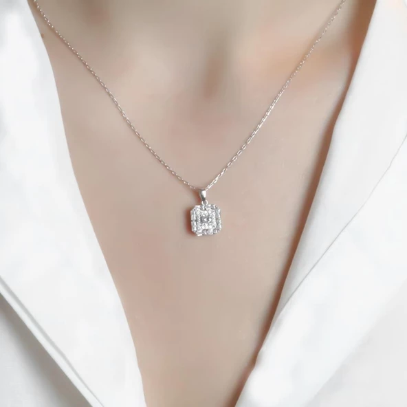 Pırlanta Montür Zirkon Taş Gümüş Kolye - Resim 2