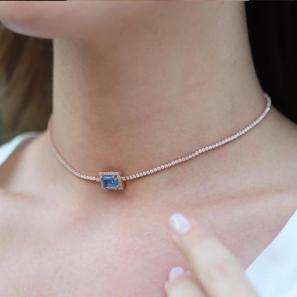 Aquamarin Taşlı Rose Gold Kaplama Choker Gümüş Kolye - 4
