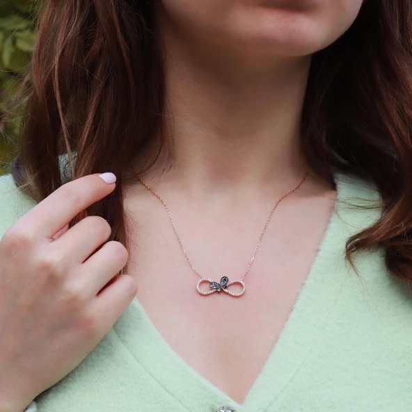 Renkli Zİrkon Taşlı Kelebek Detaylı Sonsuzluk Rose Gold Kaplama Gümüş Kolye ürün görseli 1