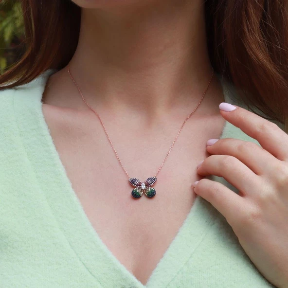 Renkli Zirkon Taşlı Kelebek Model Rose Gold Kaplama Gümüş Kolye - Resim 2