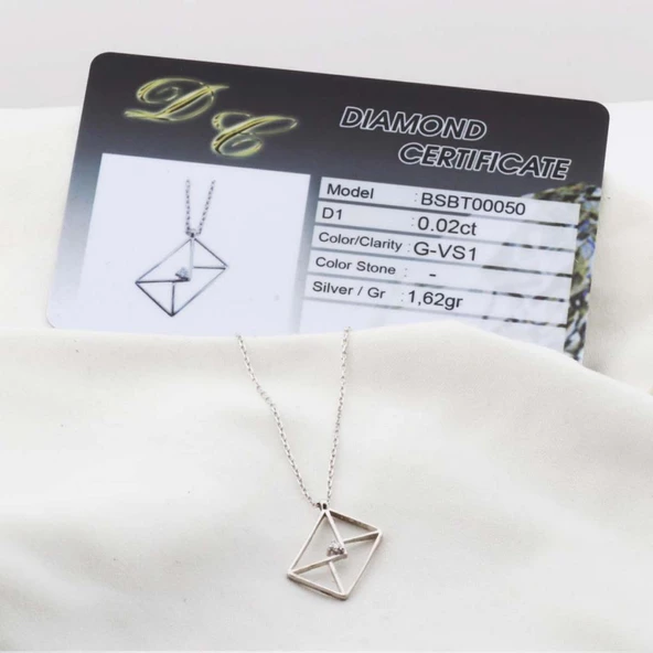 Pırlanta Taş Zarf 0.02 CT Rodyum Micron Kaplama Gümüş Kolye - Resim 2