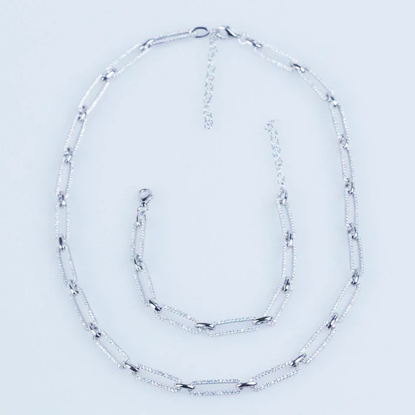 Zirkon Taşlı Trend Geçme Zincirli Gümüş Set - Resim 2