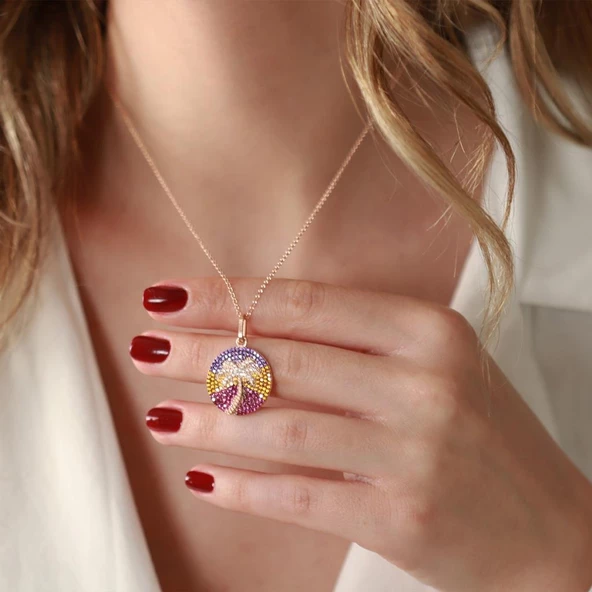 Renkli Zirkon Taşlı Palmiye Gold Kaplama Gümüş Kolye - Resim 3