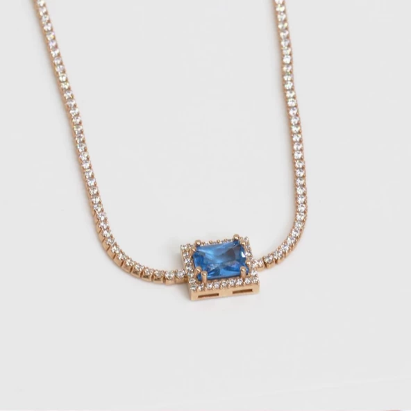 Aquamarin Taşlı Rose Gold Kaplama Choker Gümüş Kolye - 2