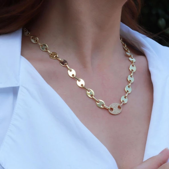 Düğme Modeli Zirkon Taşlı Gold Kaplama Gümüş Zincir Kolye - Resim 2