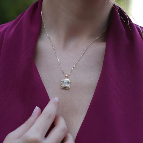 Radiant Kesim 1,25 Karat Zirkon Taşlı Elmas Model Gold Kaplama Gümüş Kolye - Resim 2