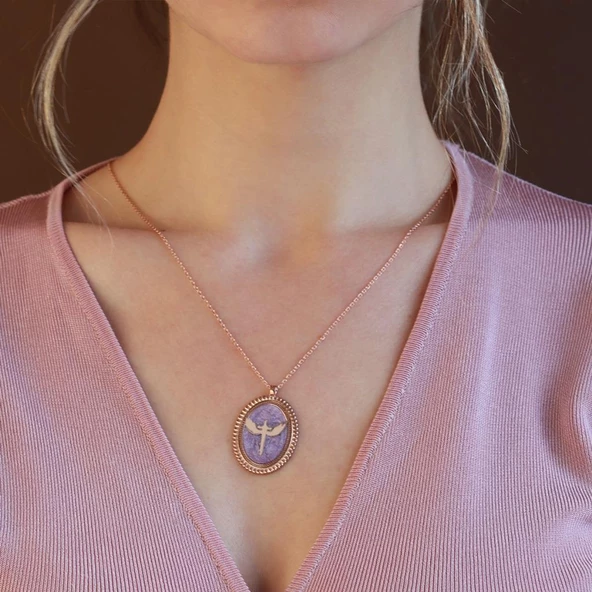 Mikail Kılıcı Eflatun Mine İşli Rose Gold Kaplama Gümüş Kolye - Resim 2