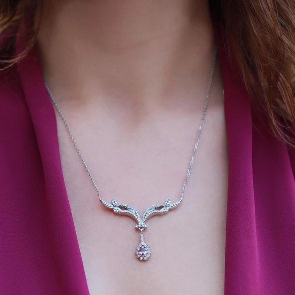 Prenses Model Zirkon Taşlı Gümüş Kolye - Resim 3