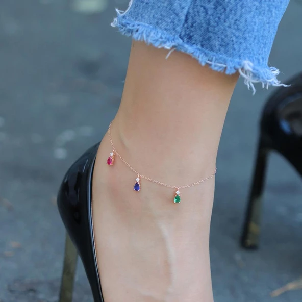 Renkli Zirkon Taşlı Damla Modeli Rose Gold Kaplama Gümüş Halhal - Resim 2