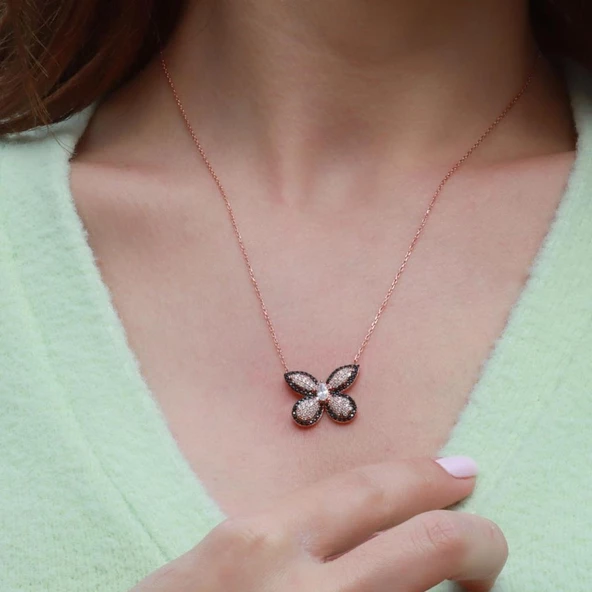 Siyah Zirkon Taşlı Kelebek Model Rose Gold Kaplama Gümüş Kolye - Resim 3