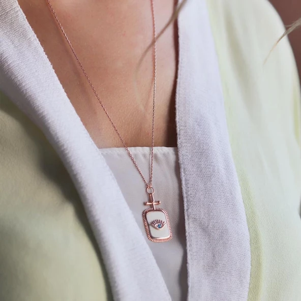 Rose Kaplama Mine üzerine Zirkon Taşlı Göz Sembollü 925 Ayar Gümüş Kolye - Resim 2